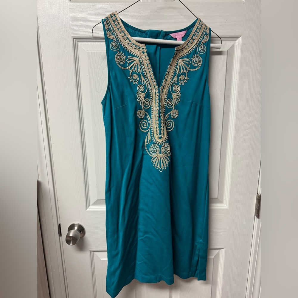 Lilly Pulitzer Teal Midi Dress with Cream Embroidered Trim
